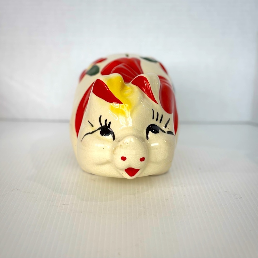 Large Shawnee Vintage Piggy Bank Ceramic Pig With Red Bow Flowers